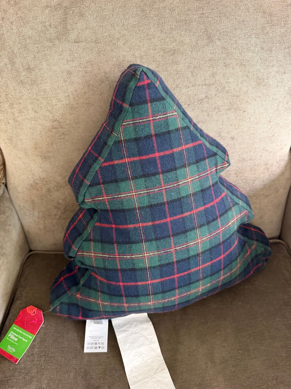 Martha Stewart Collection Christmas Tree Pillow 16x16 Green Navy Plaid Cotton Po - Picture 3 of 7